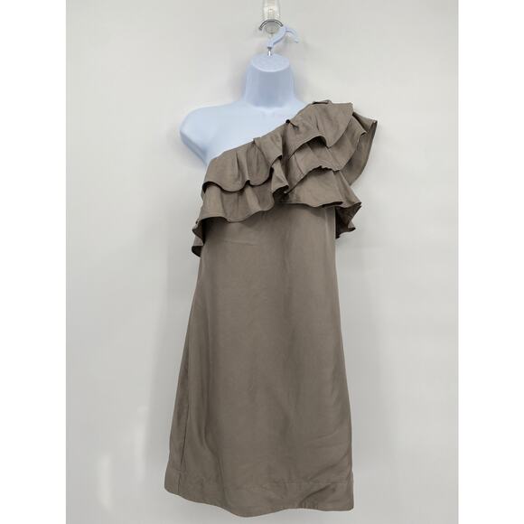 Banana Republic One Shoulder Tan Ruffle Dress 100% Silk Size 4P 4 Petite - Picture 9 of 11